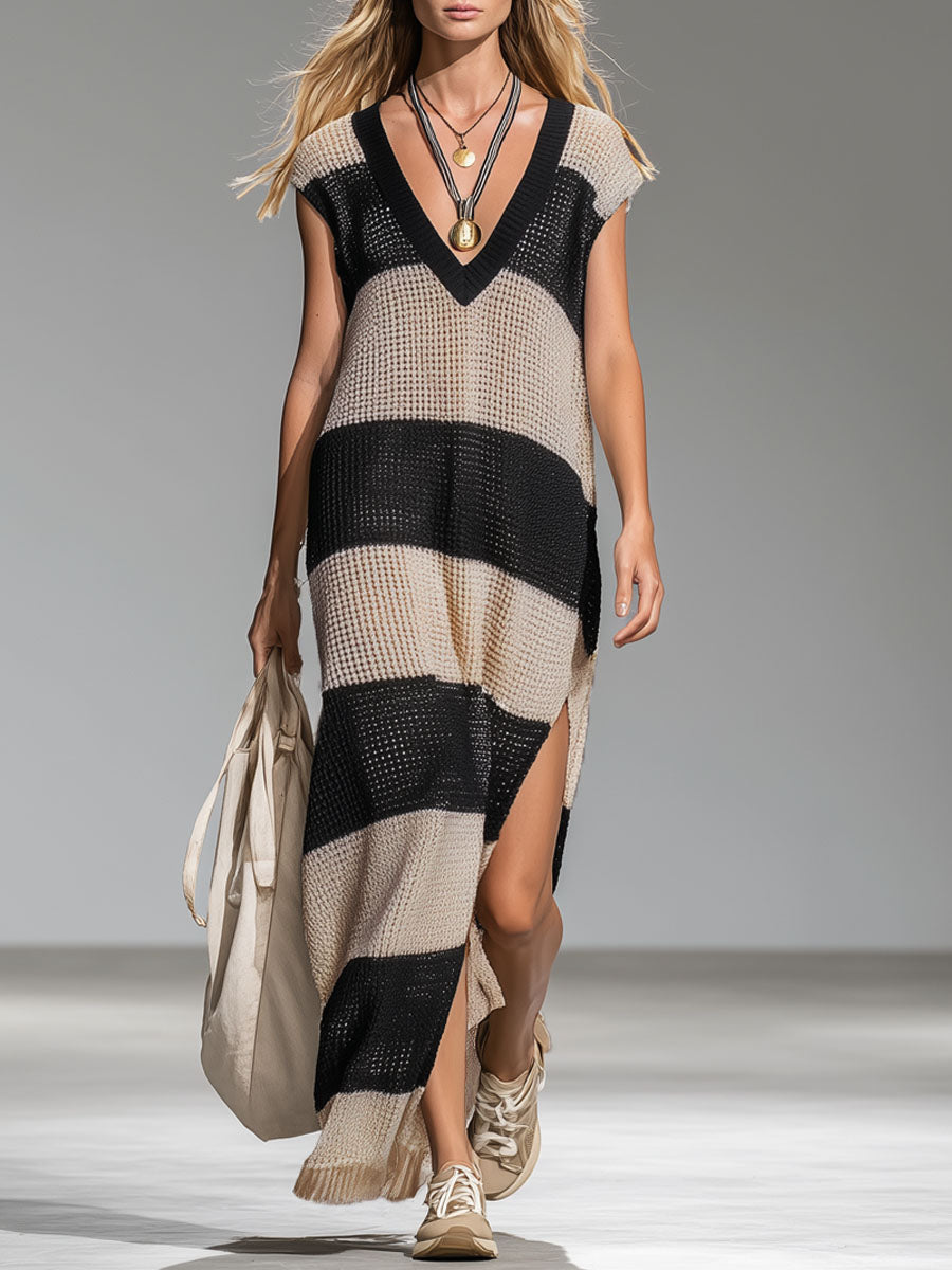 Lightweight V-neck Color-block Striped Split-hem Sleeveless Knit Maxi Dress