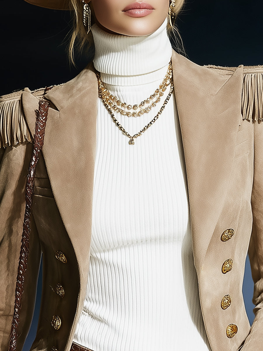 Fashionable Western Beige Suede Double-Breasted Set