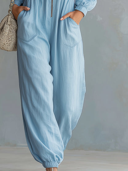 Elegant Urban Style Front-zip Light Blue Cotton And Linen Long-sleeved Jumpsuit