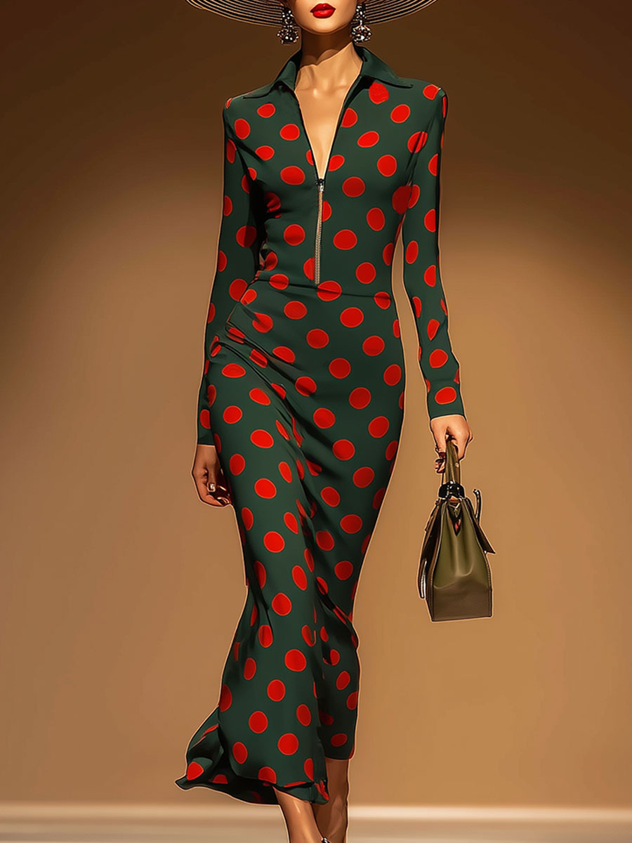 Retro Casual Red Polka Dot Green Half-zip Maxi Dress