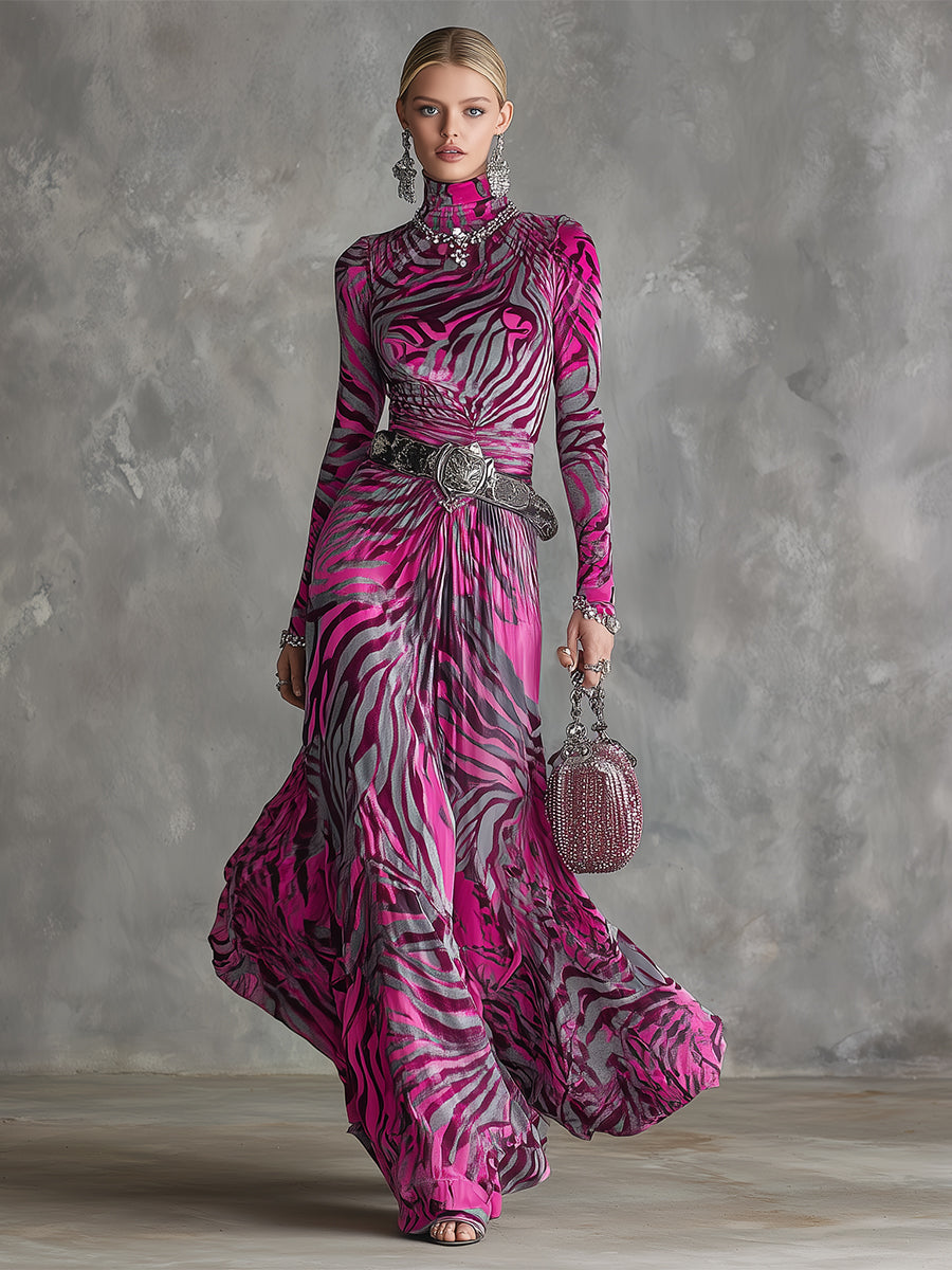 Trendy And Eye-catching Hot Pink Zebra Print Velvet Maxi Dress
