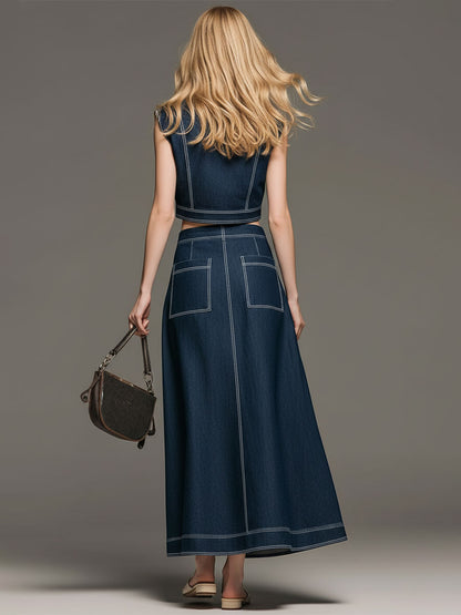 Fashionable Retro Blue Washed Denim Sleeveless Top And Skirt Set