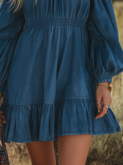 Vintage Single-shoulder Long-sleeved Ruffled Denim Mini Dress