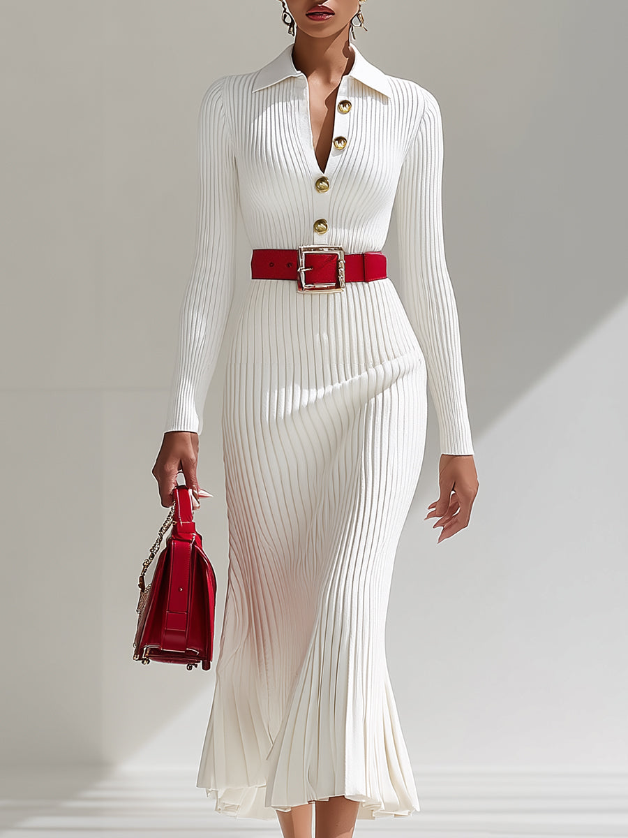 【24-hour shipping out】White Wool Lapel Button Design Maxi Dress