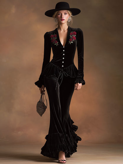 An Elegant, Vintage-style Embroidered Black Velvet Shirt And Ruffled Trousers Set