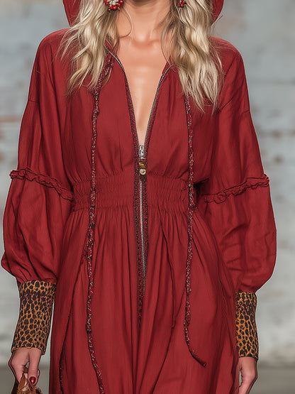 Western-style Red Linen Zip-up Hooded With Partial Leopard Print  Maxi Dress