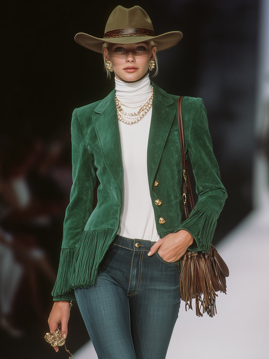 Retro Western-style Gold Buttons And Green Faux Suede Tassels Jacket