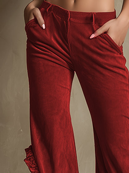 Stylish Retro Ruffled Red Faux Suede Flared Pants