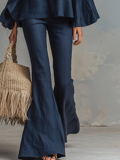 Elegant Navy Blue Cotton And Linen Flared-sleeve Shirt And Flared Pants Set