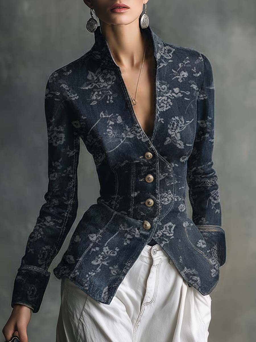 Exquisite Vintage Western V-neck Front-button Floral Pattern Dark Gray Denim Jacket