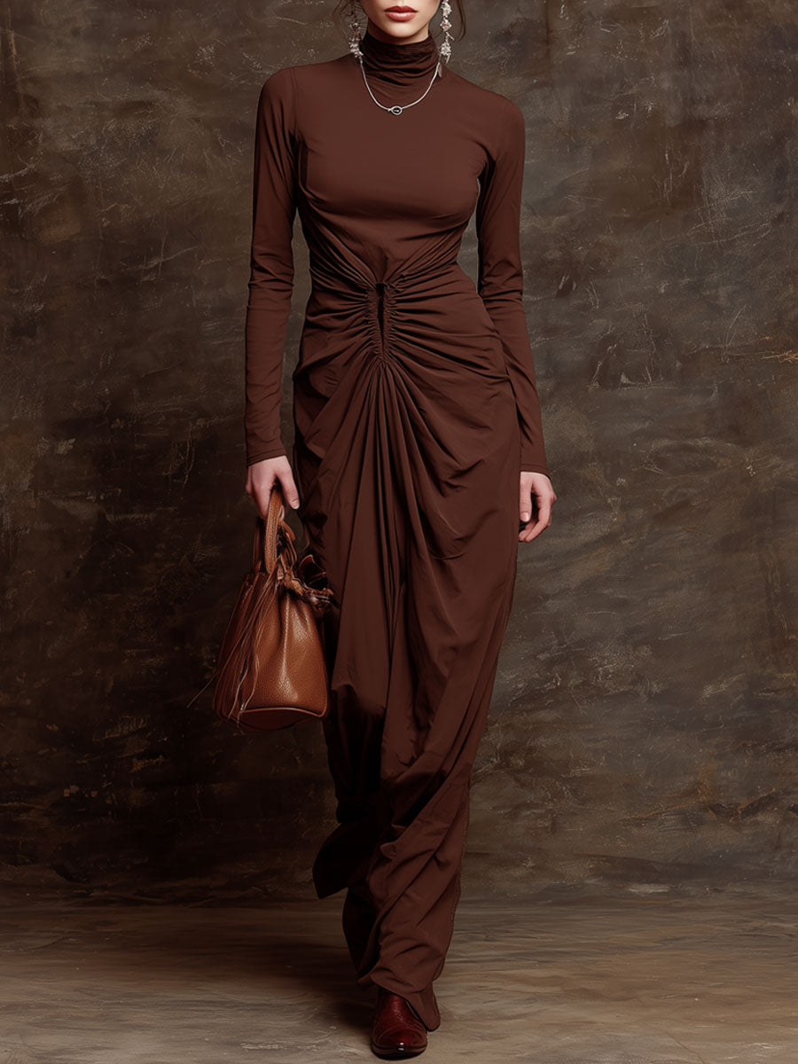 Fashionable Retro Chocolate Cotton Long-sleeved High-neck Pleated Maxi Dress