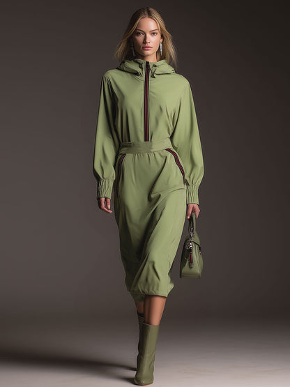 Casual Sporty Hooded Green Cotton Midi Dress