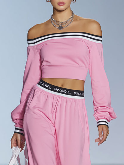 Sporty Style Boat Neck Long-sleeved Top And Wide-leg Pants Set