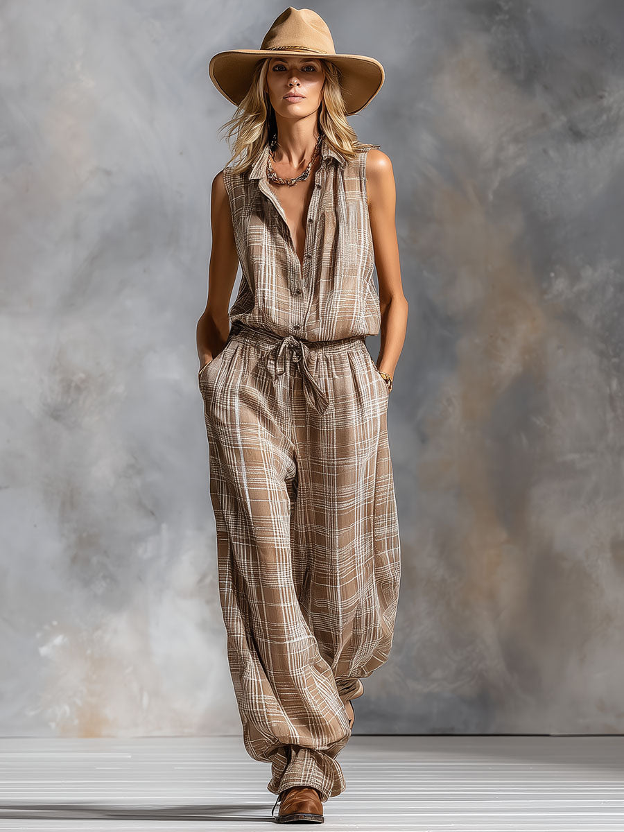 Lapel Collar Plaid Print Chiffon Sleeveless Jumpsuit
