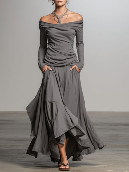 Off-the-shoulder Long-sleeved T-shirt And Asymmetrical Skirt Set