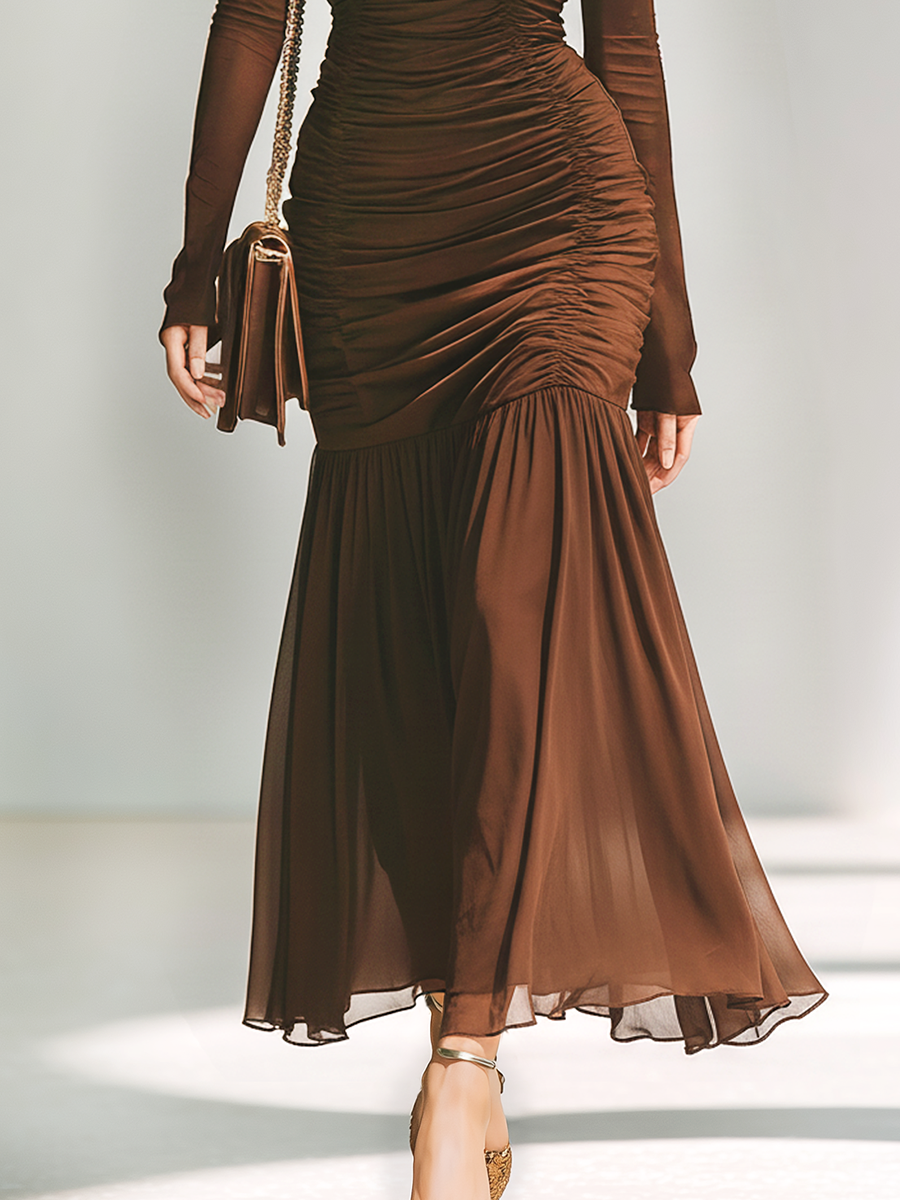 Stylish And Sexy Stand-up Collar Pleated Maxi Dress