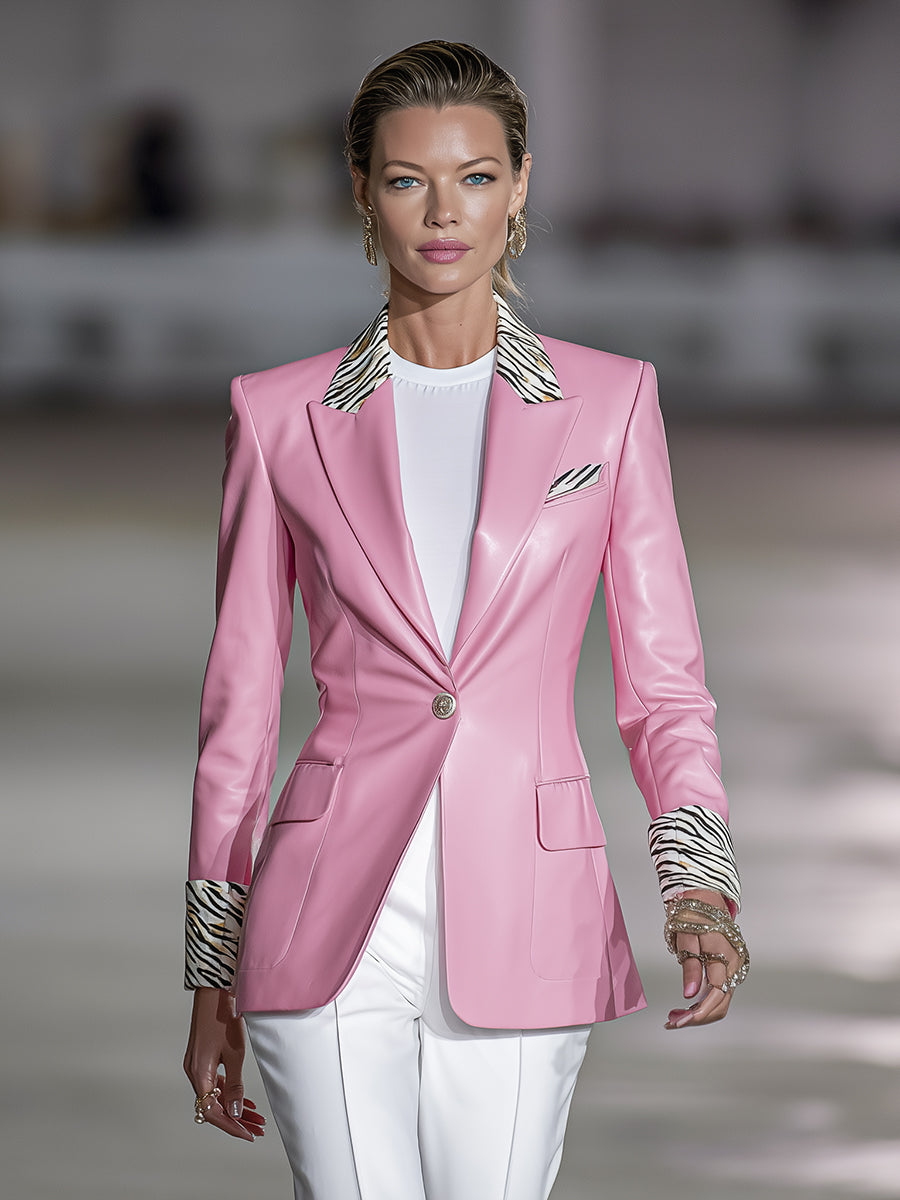 Elegant Pink Faux Leather Patchwork Zebra Print Button