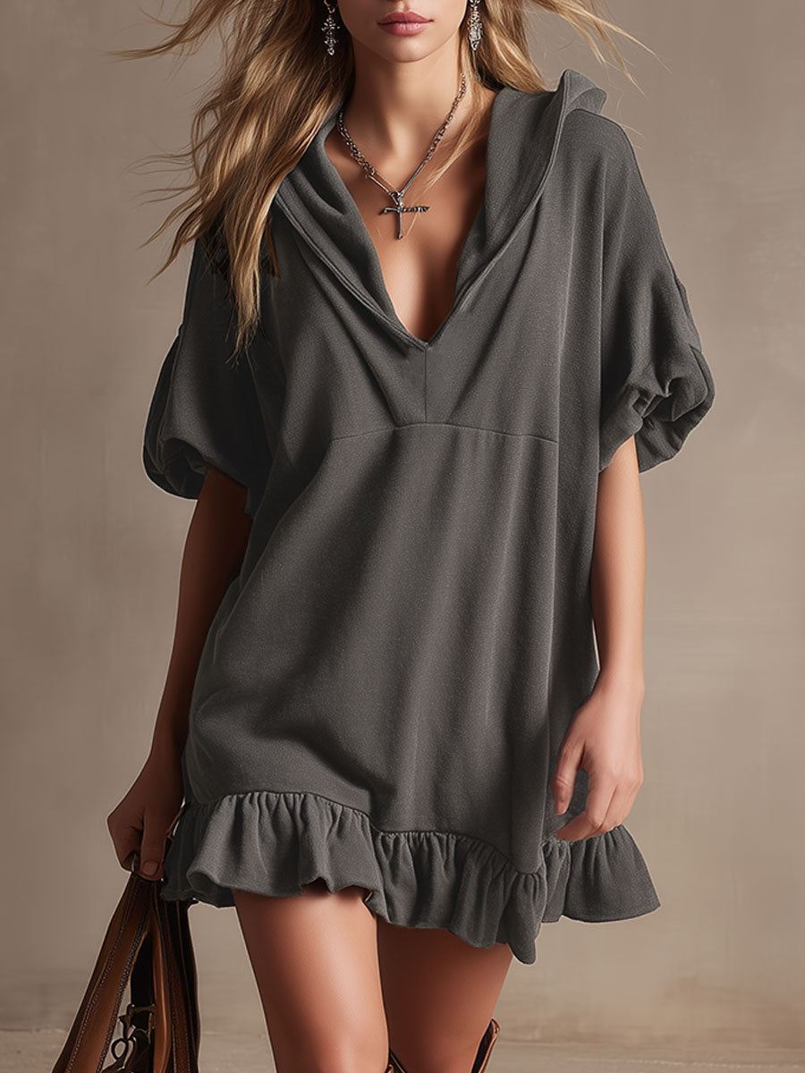 Stylish And Casual Grey Ruffled Hooded V-neck Cotton Mini Dress
