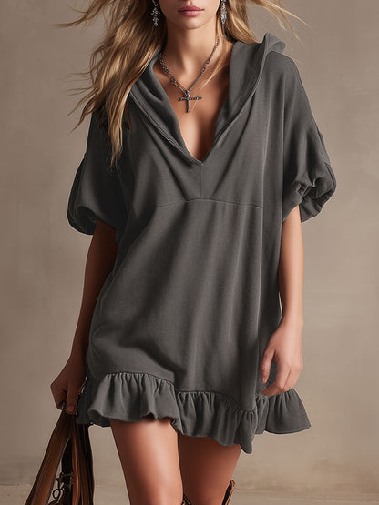 Stylish And Casual Grey Ruffled Hooded V-neck Cotton Mini Dress