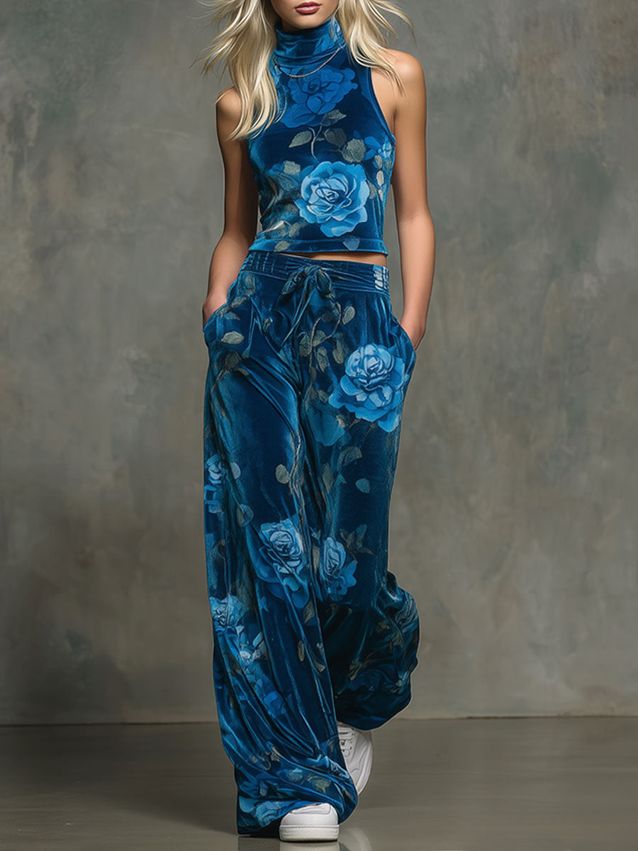 Vintage Floral Print Velvet High-neck Sleeveless Top And Pants Set