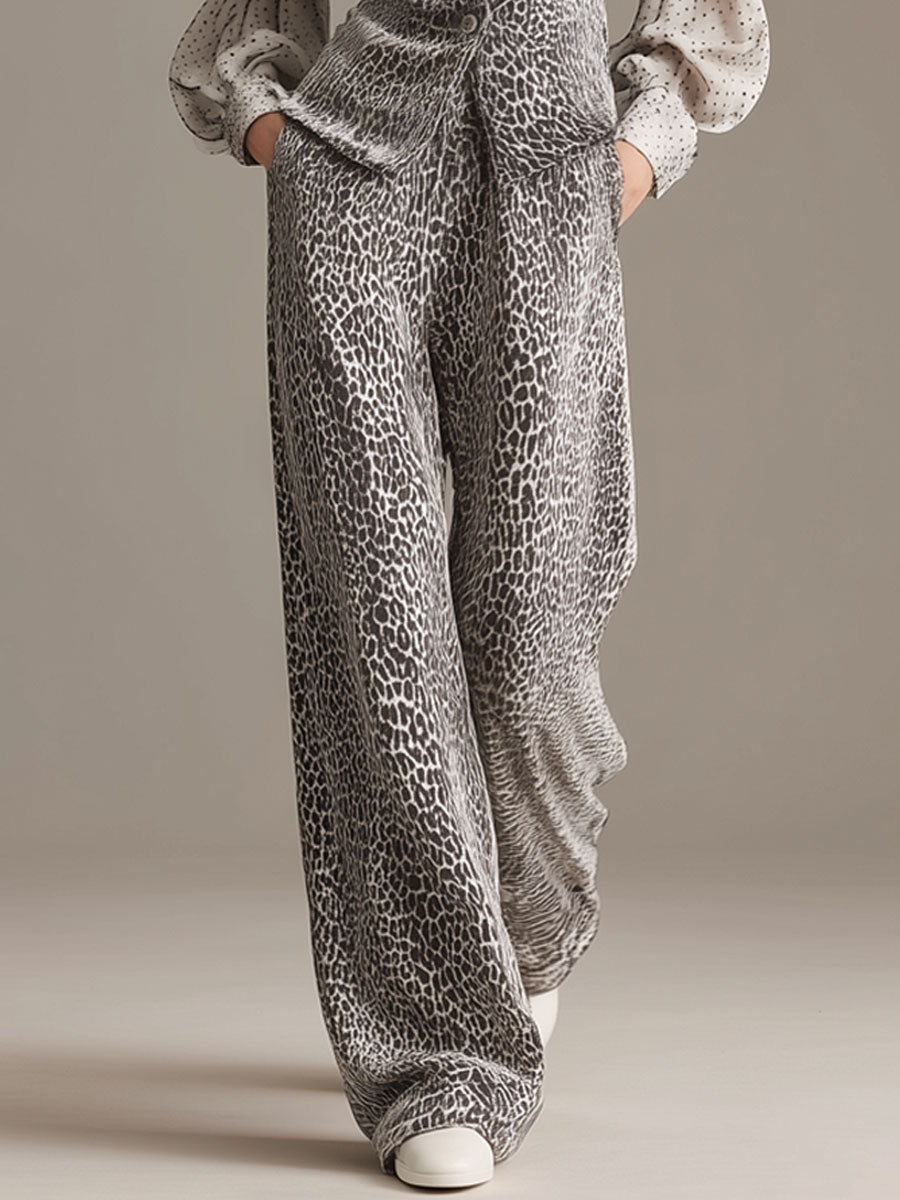 Sporty Retro Chiffon Sleeve Gray Leopard Print Velvet Top And Wide-Leg Pants Set