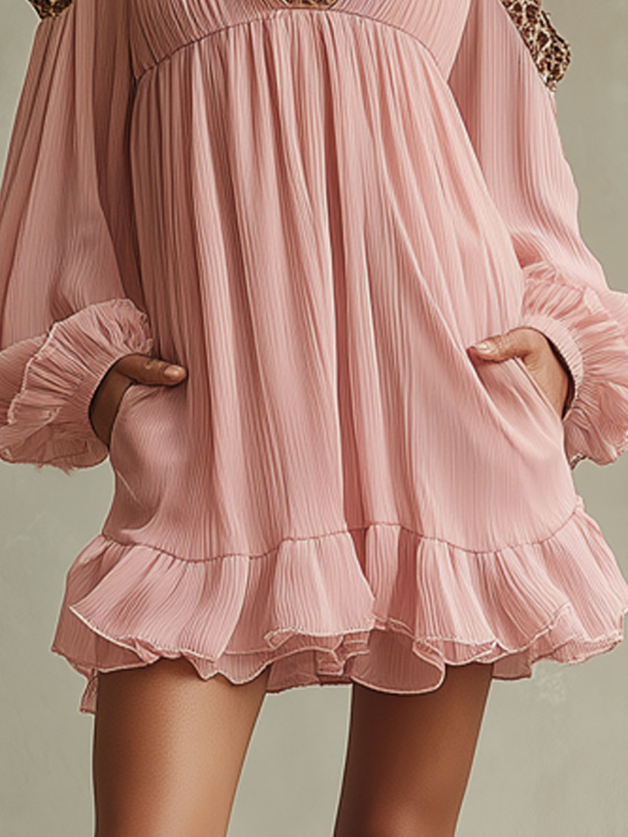 Vintage Leopard Print Pleated Pink Chiffon Openwork Long-sleeved Mini Dress