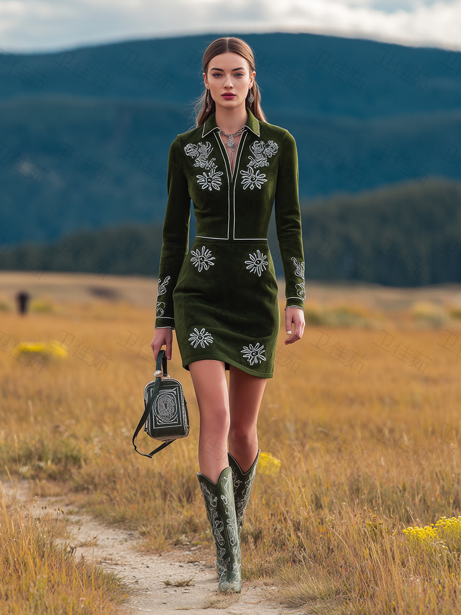 Vintage Green Faux Suede Western Embroidered Mimi Dress