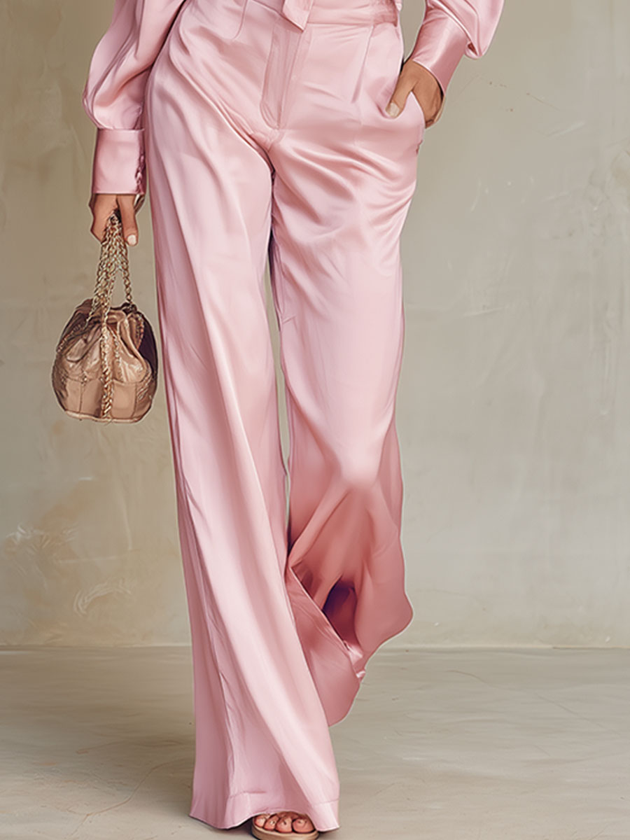 Urban Elegance Pink Satin Shirt And Pants Set
