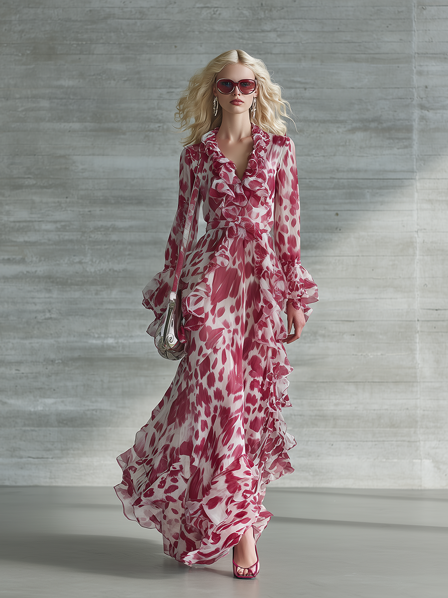 Romantic Bohemian Print Ruffle V-neck Maxi Dress