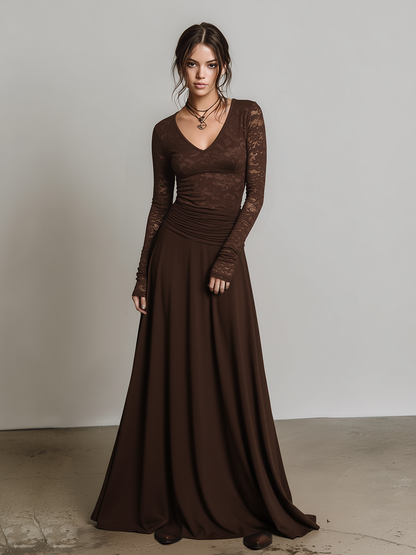 Retro Elegant V-neck Lace Maxi Dress