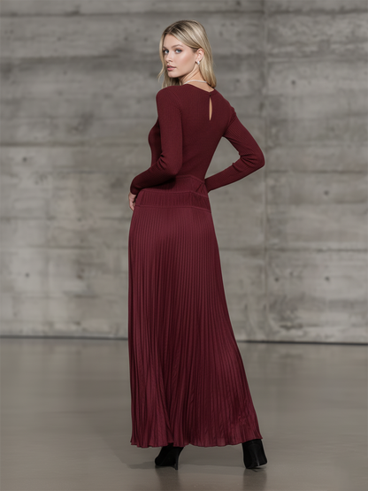 Stylish Knitted Round Neck Top With Matte Satin Pleated Hem Maxi Dress