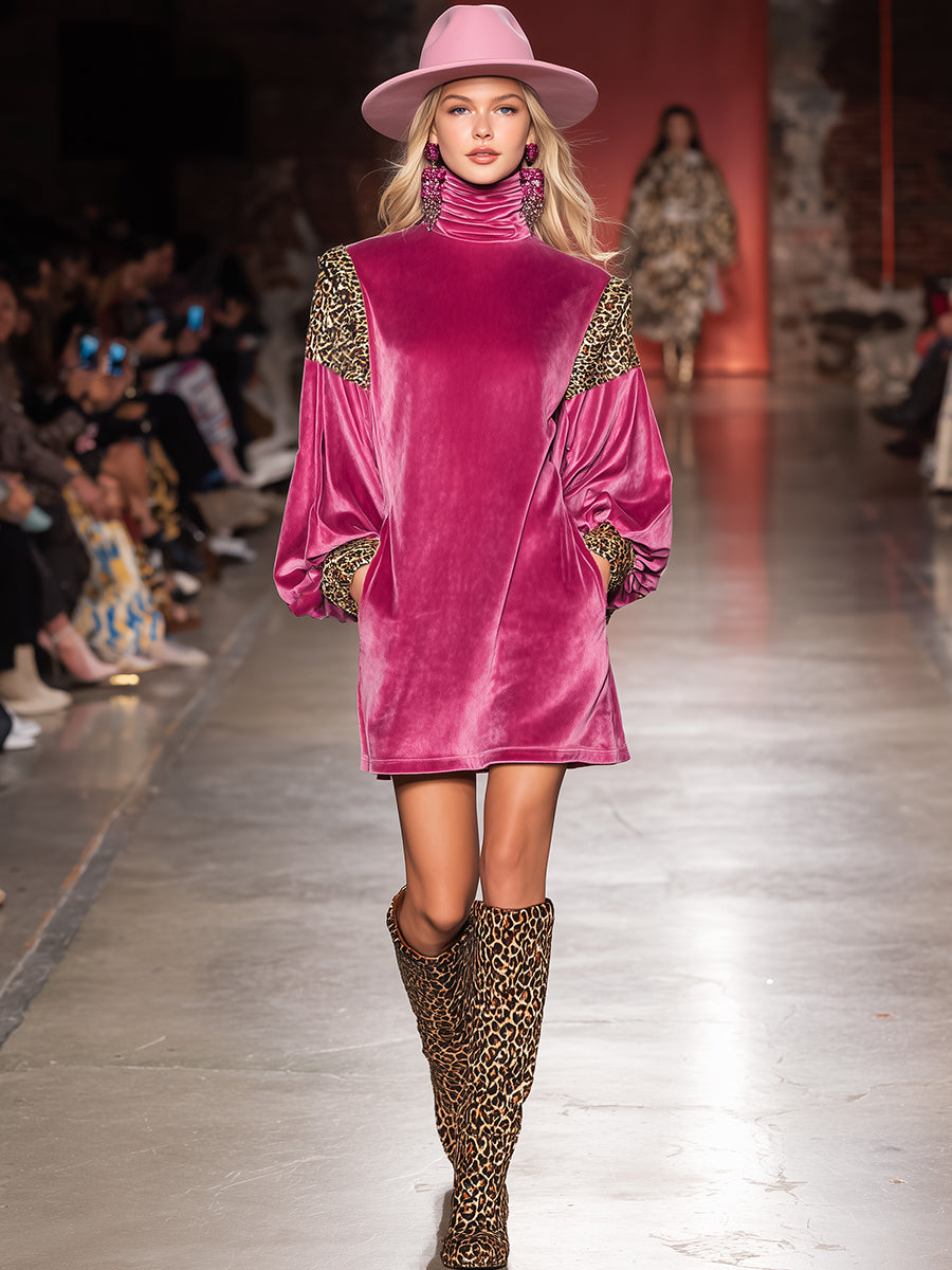 Stylish And Casual High-neck Pink Patchwork Leopard Print Velvet Mini Dress