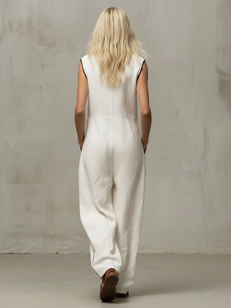 Loose-fitting Cotton-linen Color-blocked Stand-up Collar Zip-up Sleeveless Jumpsuit