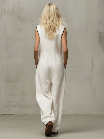 Loose-fitting Cotton-linen Color-blocked Stand-up Collar Zip-up Sleeveless Jumpsuit