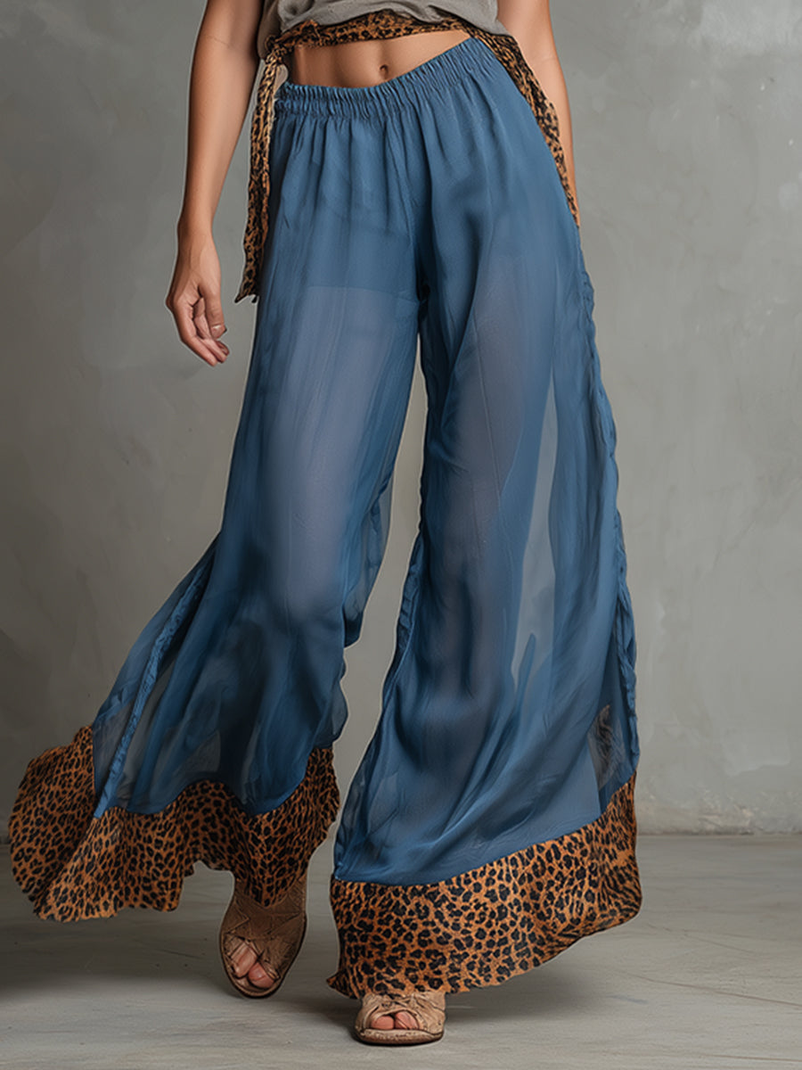 Stylish Leopard Print Trim Blue Chiffon Wide-leg Pants
