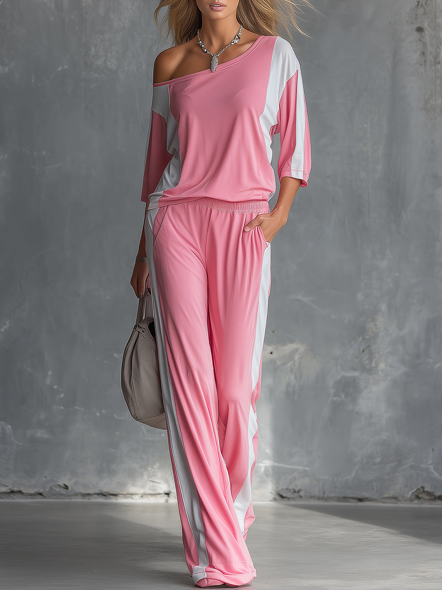 Stylish Casual Single-shoulder Short-sleeved Color-blocked Sports Set