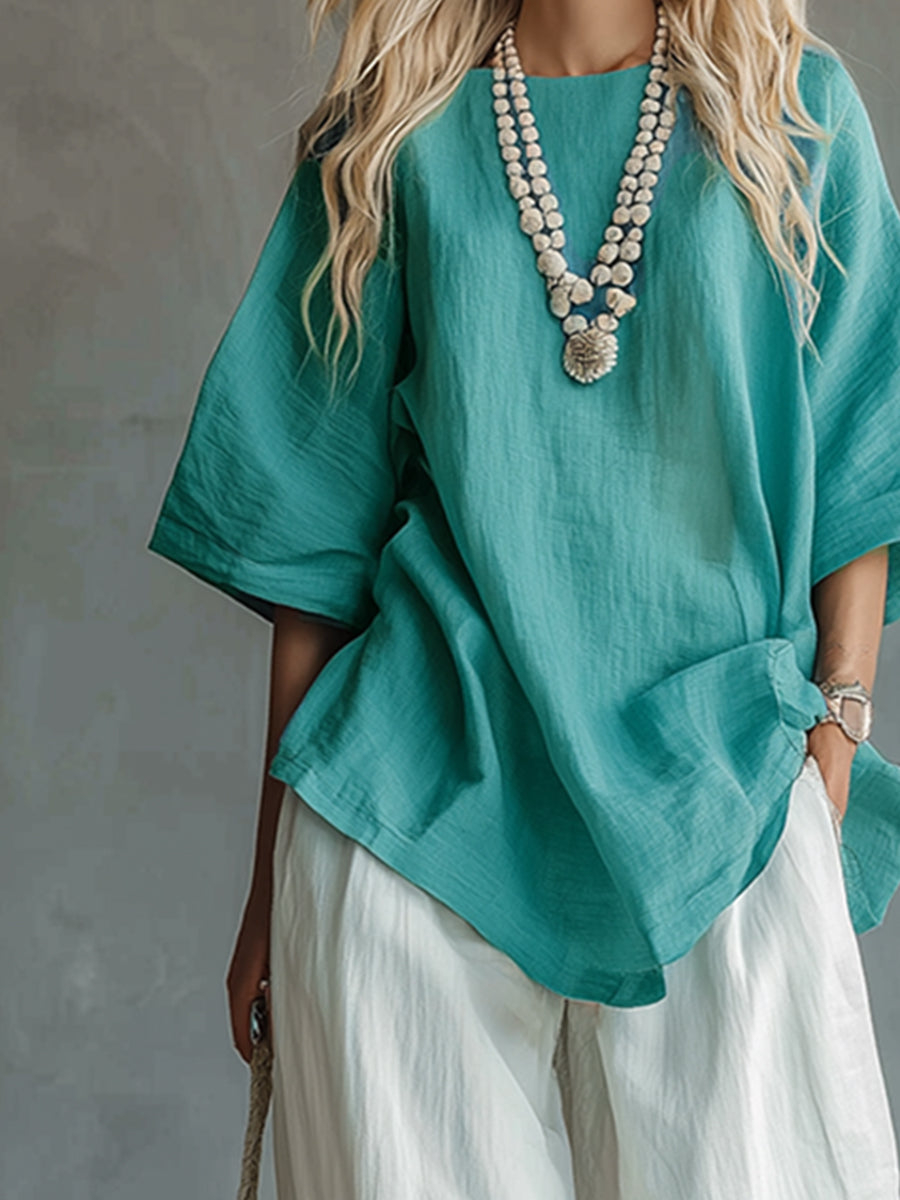 Urban Casual Light Blue-green T-shirt And White Wide-leg Pants Cotton And Linen Set