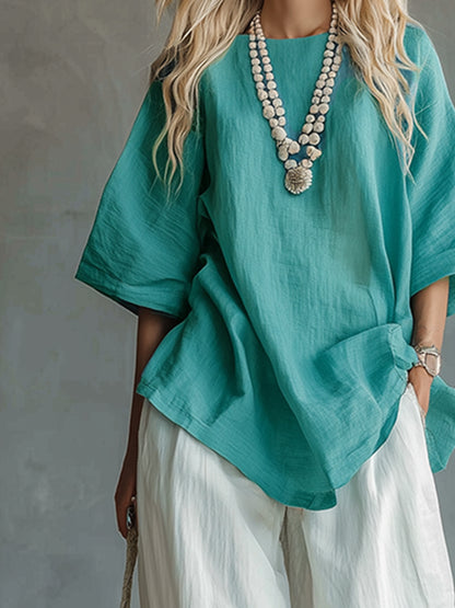 Urban Casual Light Blue-green T-shirt And White Wide-leg Pants Cotton And Linen Set