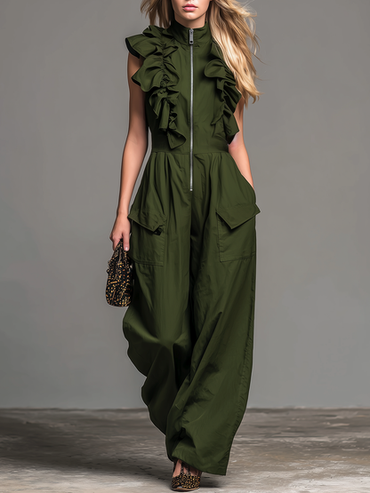Fashionable And Casual Ruffled Sleeveless Zipper Jumpsuit