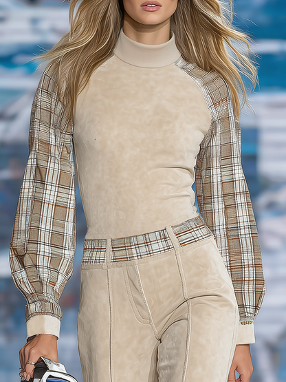 Elegant Plaid Patchwork Faux Suede Top And Flared Trousers Set