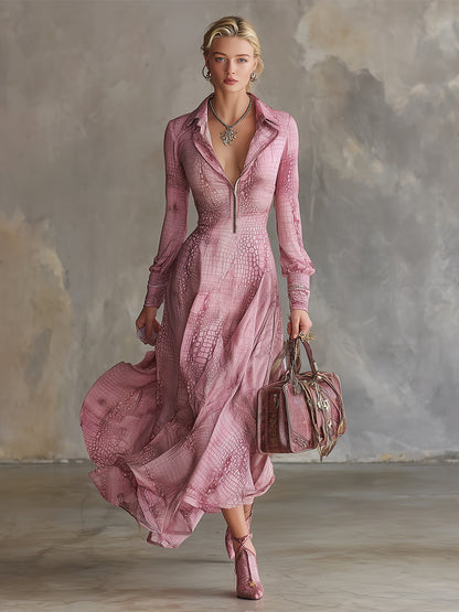 Trendy Urban Pink Crocodile Print Chiffon Maxi Dress