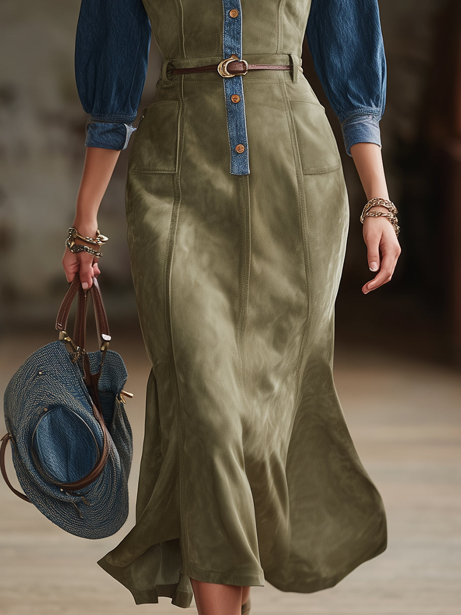 Western-style Casual Olive Green Faux Suede Patchwork Denim Midi Dress