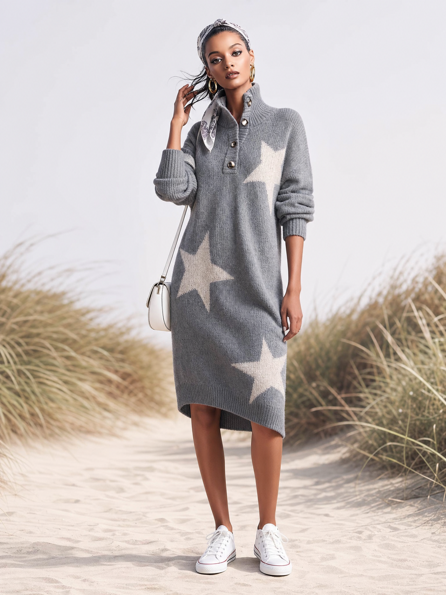 Comfortable And Fashionable Lapel Front Button Star Pattern Gray Knitted Midi Dress