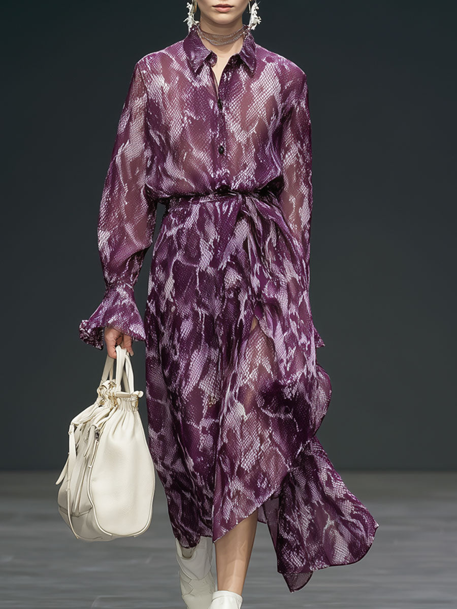 Fashionable Retro Purple Snakeskin Chiffon Long-sleeved Irregular Midi Dress