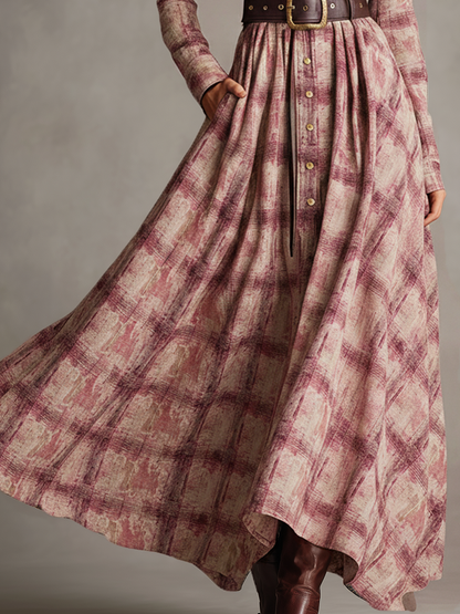Retro Western Pink Long-Sleeved Maxi Dress