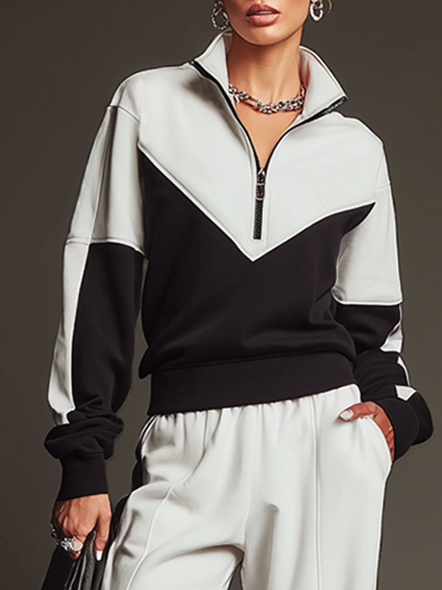 Retro Sporty Black And White Half-zip Sweatshirt And Wide-leg Pants Set