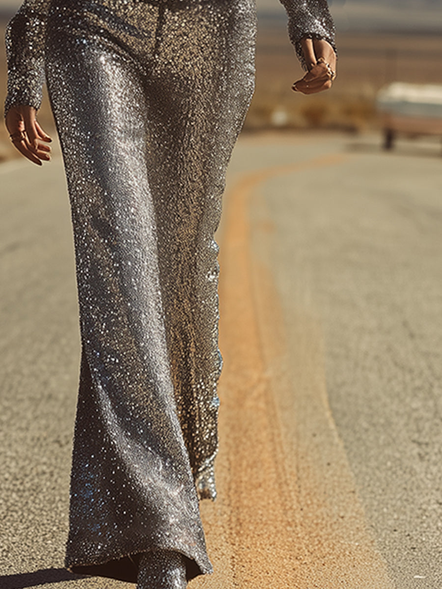 Unique Retro Silver Sequined Front Zipper Top And Wide-leg Pants Set