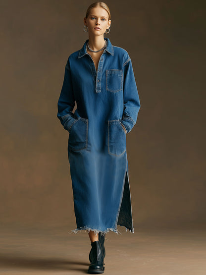 Casual Retro Frayed Slit Dark Blue Denim Long-sleeved Midi Dress