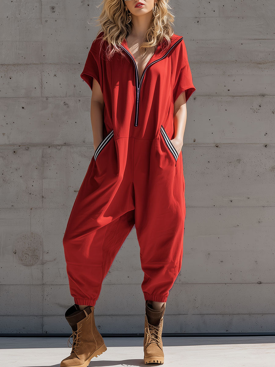 Sporty Retro Black And White Striped Red Cotton Blend Sleeveless Jumpsuit