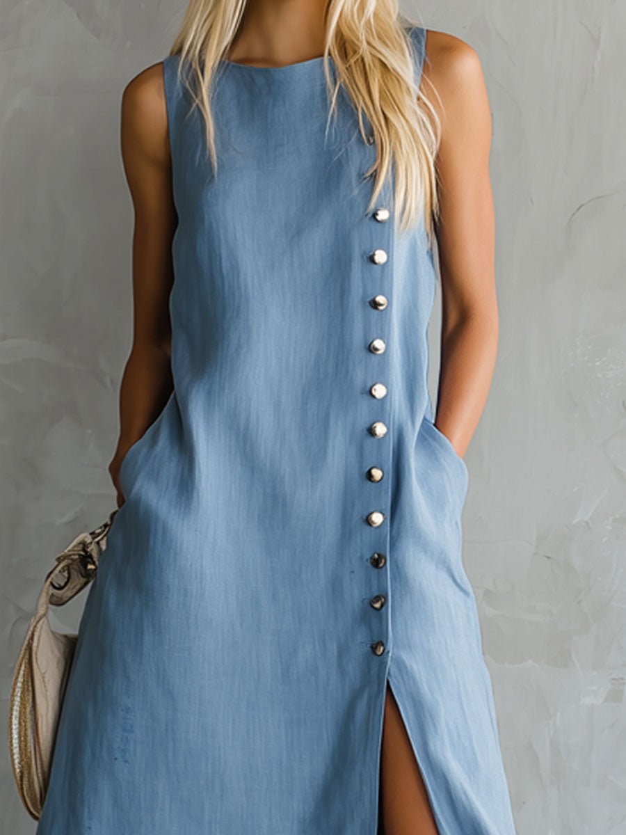 Blue Round Neck Side Slit Sleeveless Cotton Midi Dress